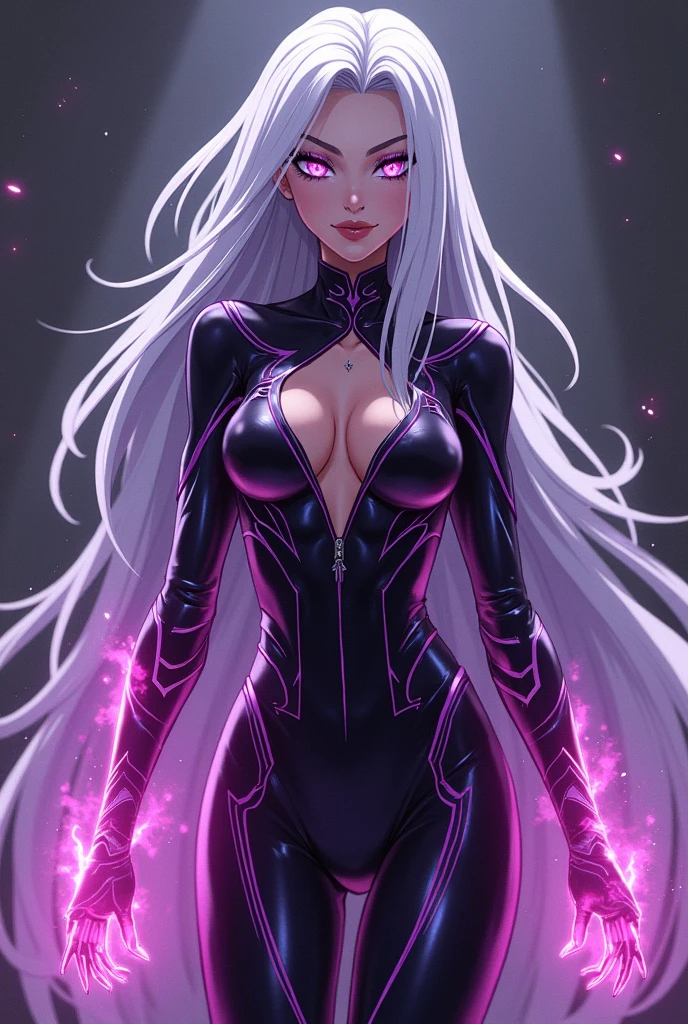 My Hero Academia gothic woman, beautiful and attractive, perfect, intimidating beauty, long white hair, enviable figure, captivating pastel purple eyes, in her superhero costume in all black purple and pastel pink, plasma power (pastel purple tone and pastel pink undertones) Boku no Hero Academia Anime