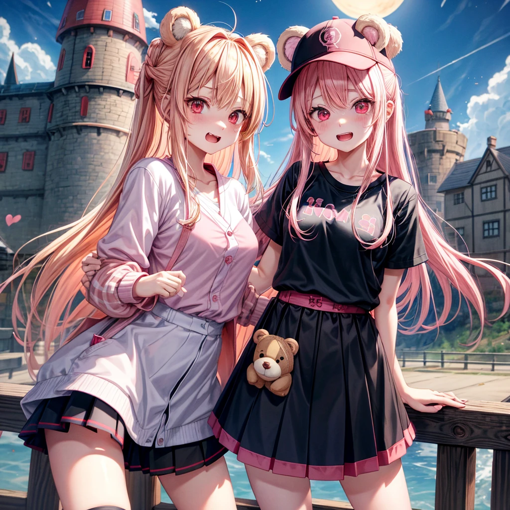 Pink Blonde、Red eyes、Hair tied up、Two cute、Checked mini skirt、black t-shirts、cardigan、Knee-high socks、bear ears baseball cap、Burning Full Moon、Teeth are visible、Monster Castle、Tilting face、crossing the bridge、hazakura、windmill