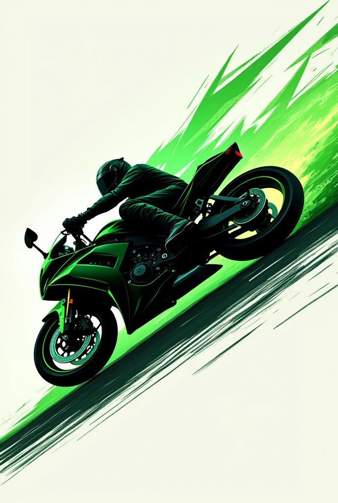 The silhouette of a green lightning bolt combined with a Kawasaki Ninja 300 motorcycle., falling on the track, The bike is in profile and under the surface it says "Green ray", It's an epic and eye-catching logo design, drawing style.