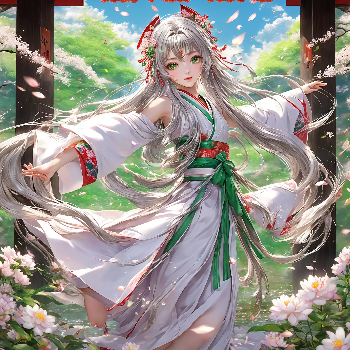 High definition、A pure and beautiful young girl in a shrine maiden's outfit、１５age～１８age、Long silver hair, half green、Full body portrait、I don't show my legs、Long-hemmed outfit、Large opal eyes、Powerful eyes、Dancing Kagura Dance、Flowers sprout from beneath your feet