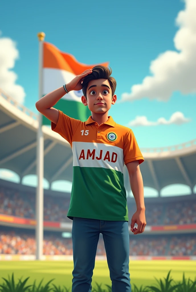 A 21 years old boy salutes the national flag of Bharat in a cricket stadium and he is wearing a shirt print is like Bharat flag and " AMJAD " and 15 number and independence day in small written on it's back in big and bold fonts, 3d illustration.