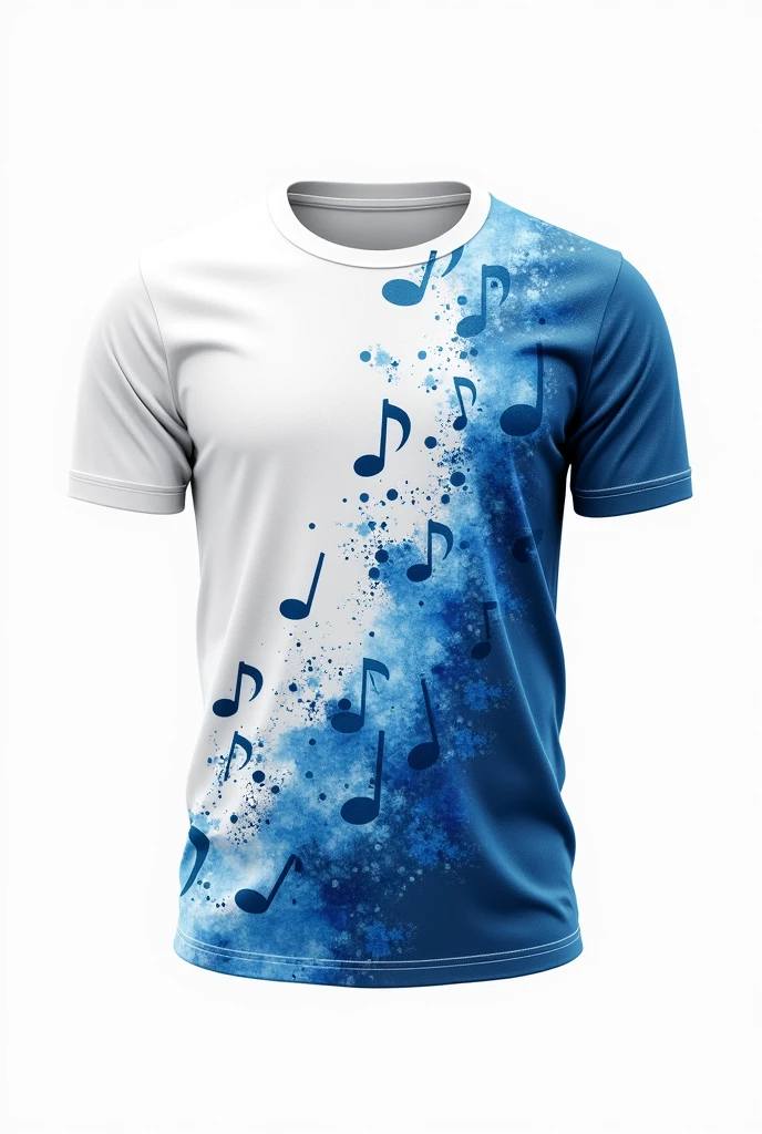 a t-shirt design featuring a white front and back with dark blue musical notes decorating the entire shirt, creating an ombre effect with some watercolor details, just the shirt