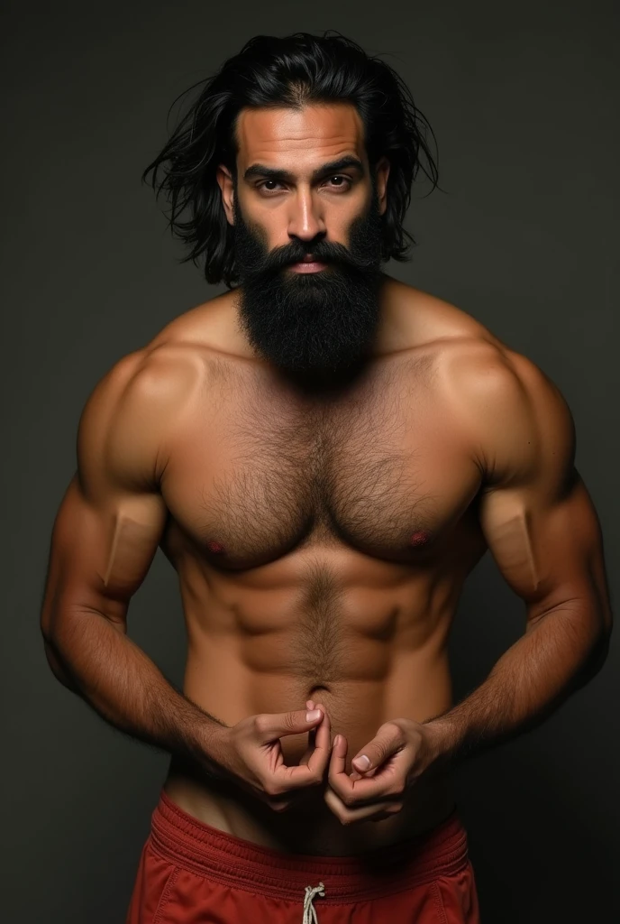 A nude muscular indian man with beard, chest hair, pubic hair, and big penis, ejaculating. Looking in front seductively, no underwear