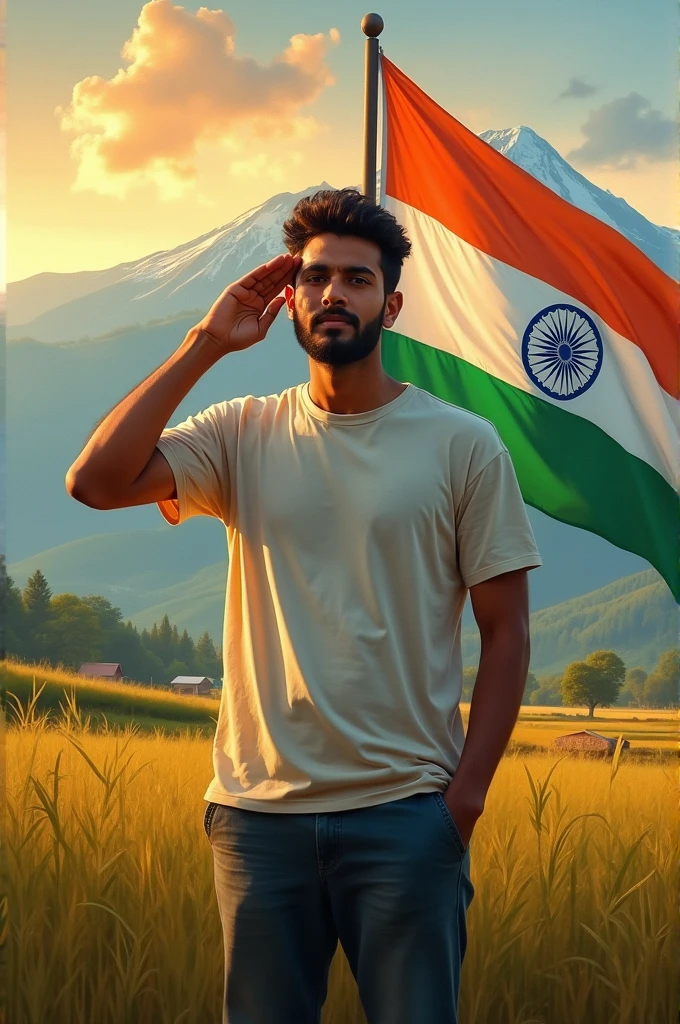Indian farmer years around 21 saluting background off mountains, sunrise and flag Indian Flag with orange white green with night paint and T-shirt. He will be saluting age around twenty one with low beard indian boy