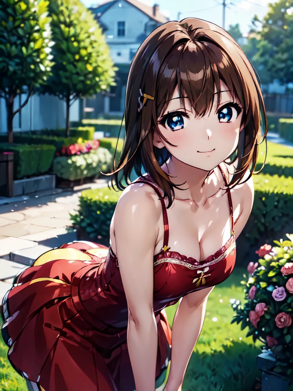 Highest quality、(Anime illustration style:1.5),High resolution、whole body、Standing、garden、hayate yagami、Shortcuts、Beautiful brown hair、Beautiful and attractive red eyes、Cross hair clip、smile、Very detailedな顔、Closed Mouth、smile、camisole、Long skirt、1 person、Beautiful Eyes, Sharp pupils, Sharp focus, (Very detailed, bloom, Shine:1.5)、(Genuine、Realistic、Realistic)、High resolution、超High resolution、Ultra-fine painting、Cowboy Shot、Leaning forward