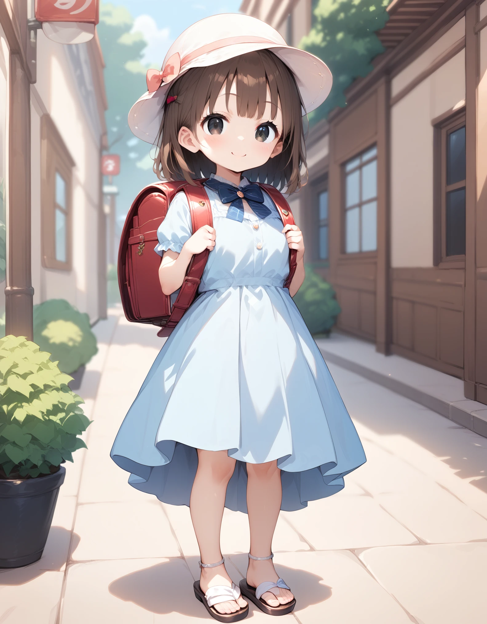 Masterpiece, hd, anime girl in  dress and hat with backpack walking down a street,  dress,bowtie, brown hair, headcap , wearing randoseru backpack,  in dress, cute anime waifu in a nice dress, anime visual of a cute girl, young anime girl, beautiful anime school girl, a school girl , anime full body illustration, an anime girl, wearing sandals, cute girl, 10 y o