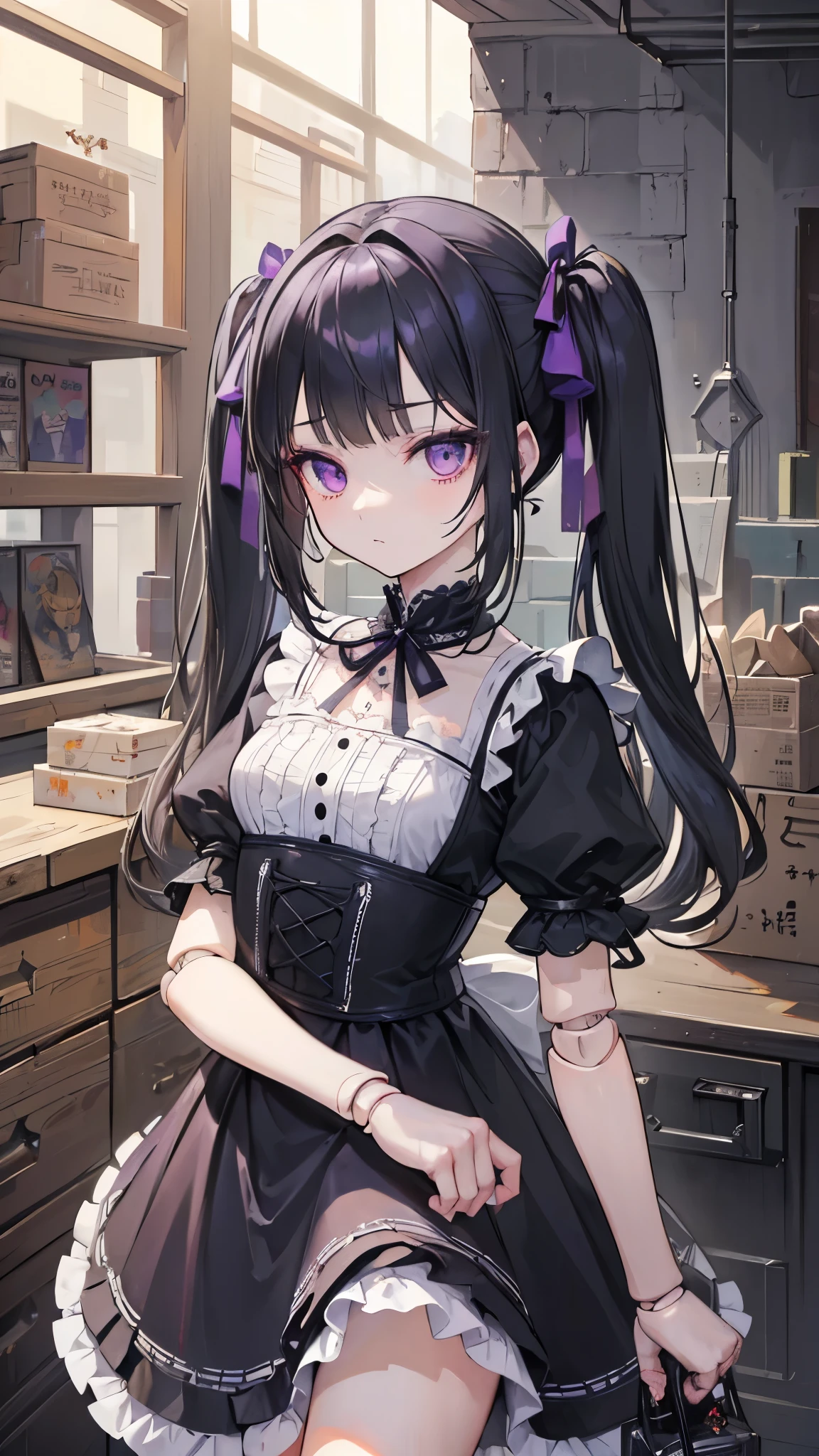 ((masterpiece、Highest quality、Very detailed))、One person、Black Hair、Long Hair、twintails、blunt bangs、Purple eyes、expression、Small breasts、((gothic ta))、Short sleeve、((torn clothes))、((doll joints))、Cowboy Shot、Warehouse Background