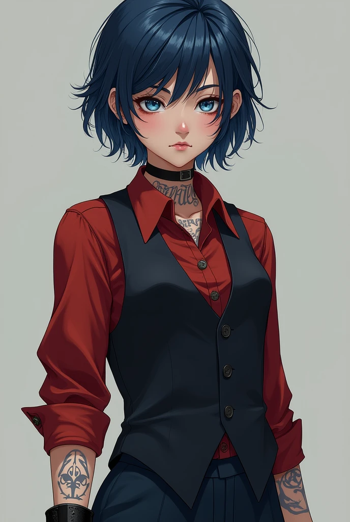 youthful woman, has short, messy hair, dark blue color , eyes with pool blue iris, has a scar on her right cheek. Has a clear, soft and well-maintained skin, with several ritualistic scar and tattoo marks. The girl is dressed in a crimson dress shirt with black pieces, over a dark vest and dark blue pants that go with the look from below, as accompanying accessories Evelyn wears a single glove on her right hand