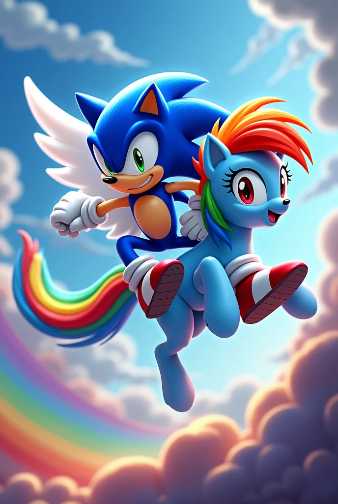 Create an image of Sonic mounted on the rainbow dash