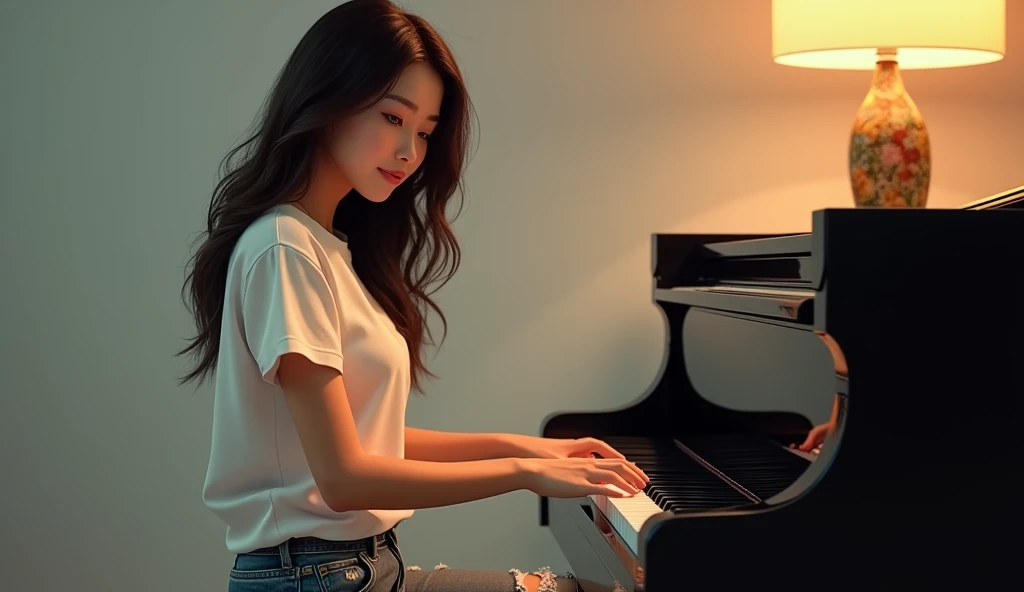 Stunning asian girl ,  in a tshirt and ripped jeans pants playing a piano, looking to camera a portrait by Wayne England, trending on cg society, energetic jazz piano portrait, pianist, gorgeous girl, ashteroth, promo image, advertising photo, promotional image