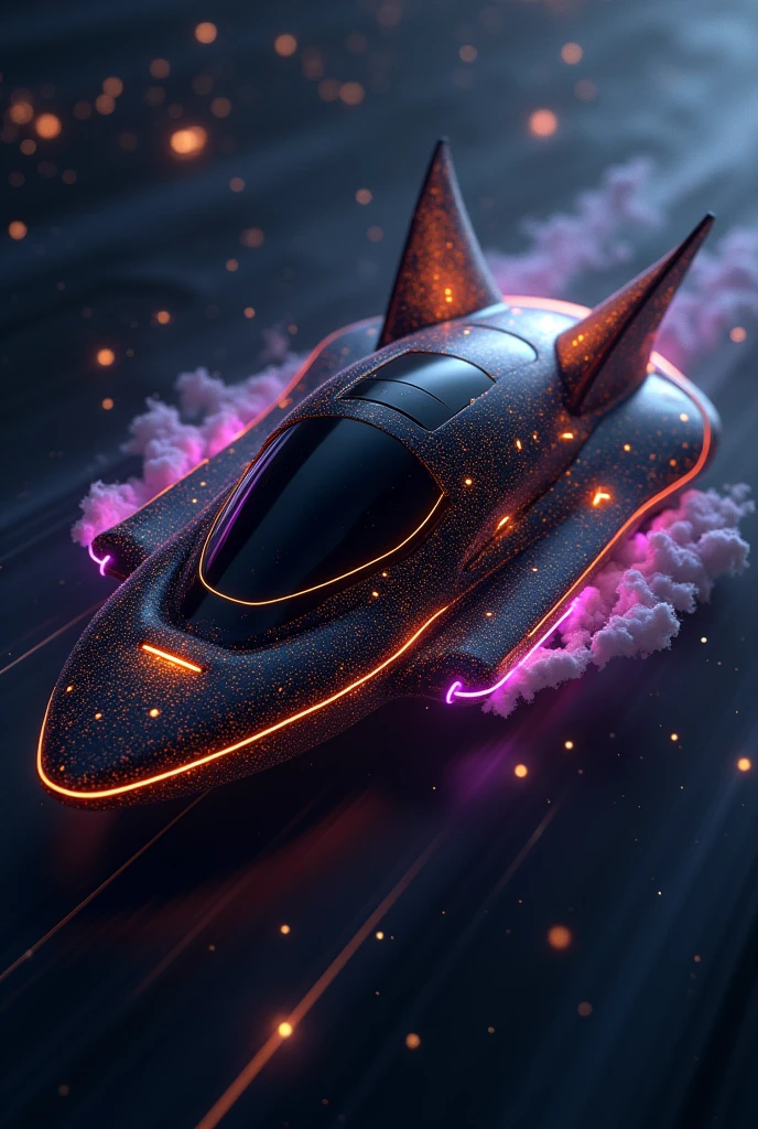 Make a picture of a black cat shaped future spaceship with LED lights in space ;and some water letters that say "My Spaceship"golden purple pink For a song cover  