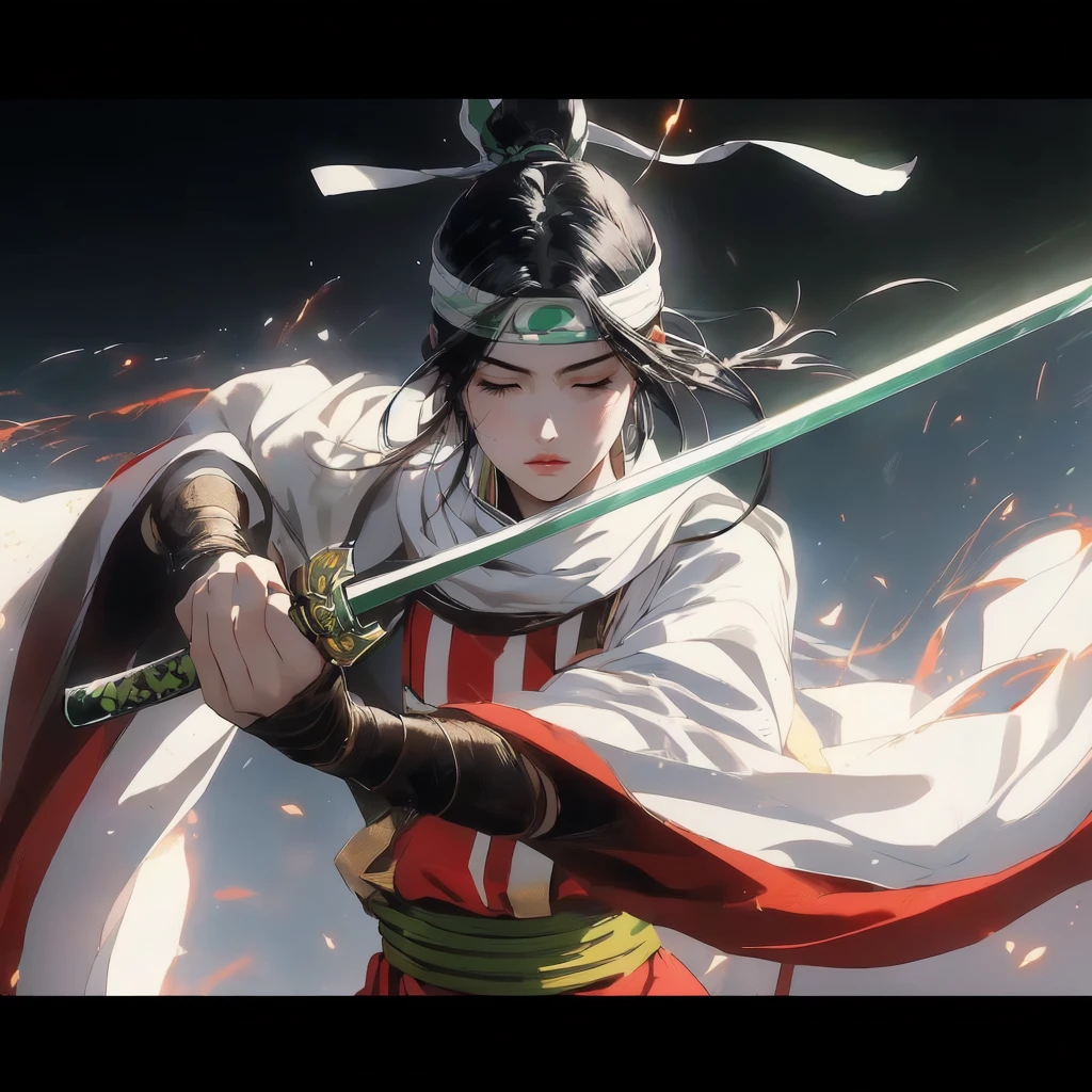masterpiece, highest quality, 1 girl, closed eyes. Dynamic portrait of young Japanese warrior woman, facing right. Closed eyes, furrowed brows. Long black hair in high ponytail, loose strands framing face. White headband with green gem. Pale skin, pink cheeks and lips. White kosode, red hakama, green-yellow obi, dark arm wraps. Gripping katana diagonally, ornate green and gold hilt. Motion-filled pose, flowing clothing and hair. Dark, abstract background with no distinct objects or scenery. Hints of orange-red suggesting embers or energy, floating sparks. Dramatic lighting from upper left, creating rim light effect. Style blends traditional Japanese art with modern fantasy, emphasizing clean lines, movement, and power.