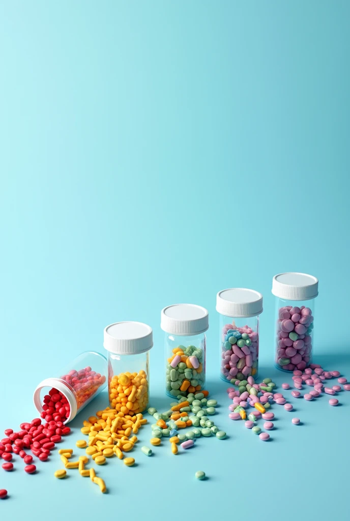 Five transparent plastic bottles filled with colorful capsules and tablets,Pouring onto a light blue background