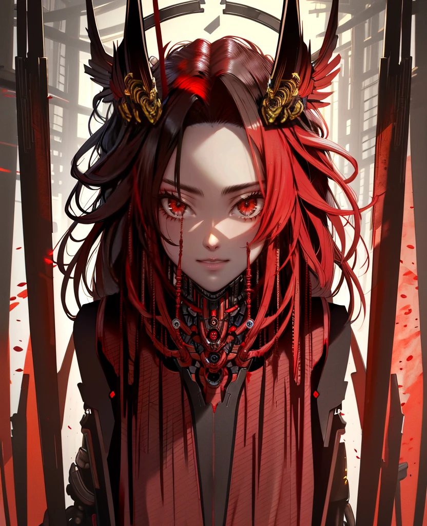 8k,masterpiece,A painting with black and red as the main colors,whole body,smile,One Girl,Highly detailed face,Highly detailed beautiful eyes,(glowing eyes),mechanical wings,mechanical halo,single mechanical arm,