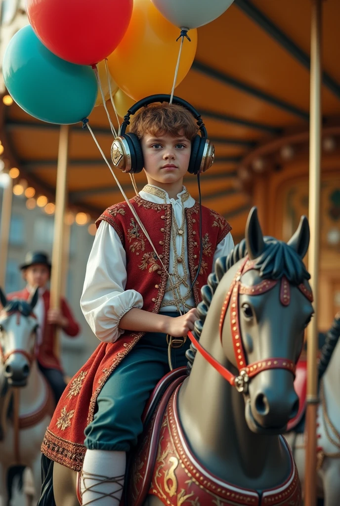 Artistic intervention with a age boy wearing Renaissance period costumes with large headphones decorated on his ears and All Star sneakers. The teen must be sitting on a carousel holding colorful balloons . In the background there are other teenagerso sitting on the merry-go-round horses.. PICTURE REALISTIC