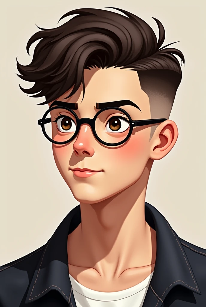 Teenage male with dark brown hair. Wears glasses with almost round frames. Has a French Crop haircut.. that is to say, Short hair, styled forward with a textured short fringe, faded on the sides