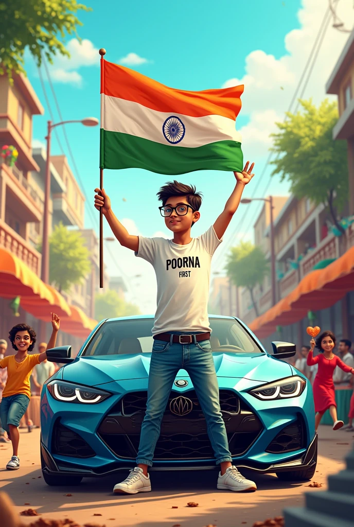 “Illustration of an 18-year-old Indian boy standing next to a luxury car, holding the Indian flag high. The background features a colorful Indian street filled with children running with flags, vendors selling sweets, and a group of men chatting at a tea shop. The boy is wearing jeans and a white t-shirt with ‘POORNA’ on it, and the text ‘India First’ is written in 3D at the top.”