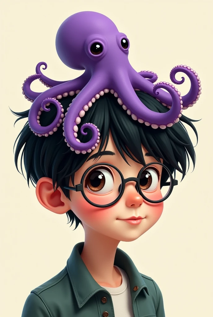create a white boy with black hair, round glasses and a purple octopus on his head