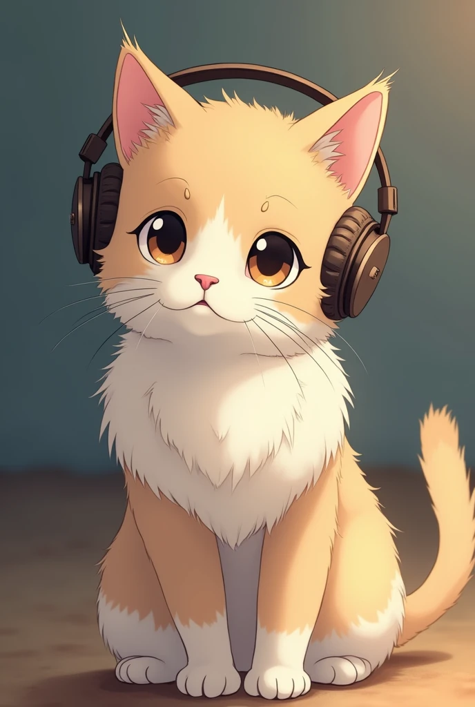 I want to create an icon。A Scottish Fold wearing headphones、Makoto Shinkai-style anime、The fur color is white mixed with brown。The nose is pink。Long hair。Body is thin。Mainly white fur。