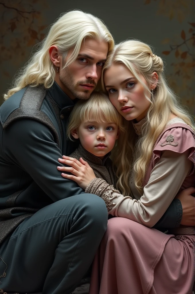 Daemon Targaryen ( with violet eyes and platinum blonde hair), a beautiful young girl ( with platinum blonde hair and purple eyes) both kneeling and hugging their son, a sweet 9-year-old boy (with platinum blonde hair with golden highlights and violet eyes)