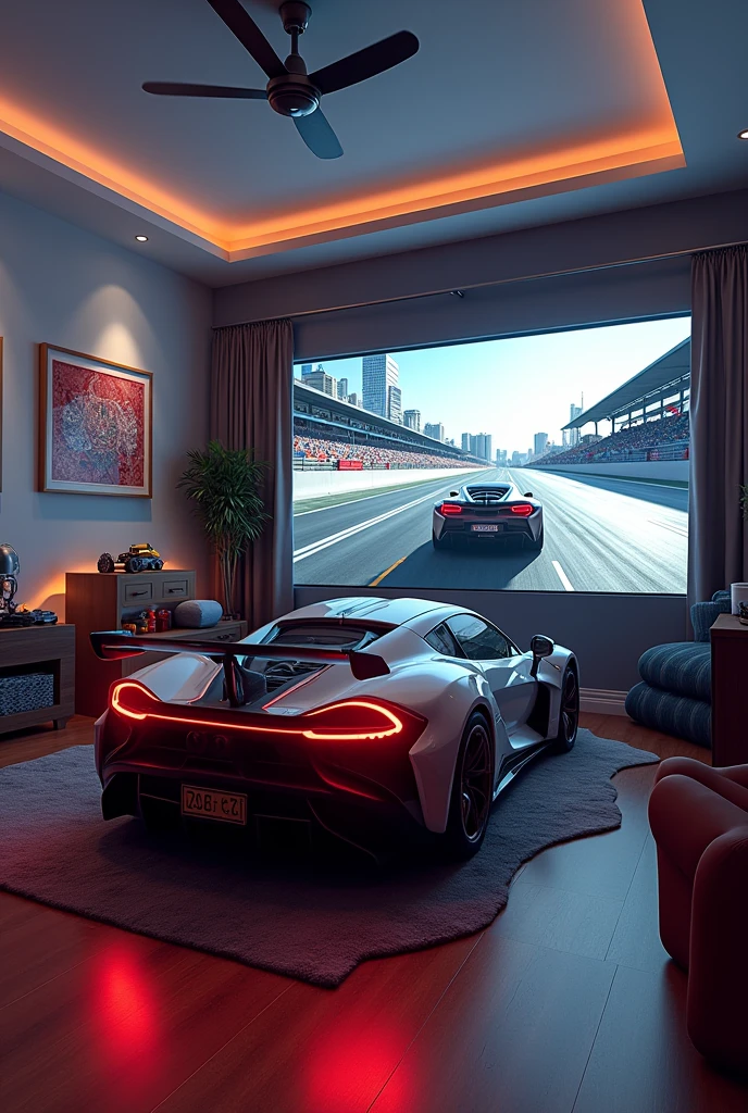 sports car, racing simulator, bed, closet, chair, room, racing car, picture, car's toy