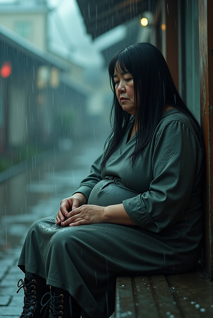 (photorealism:1.3), Japanese woman, fat woman, not young, not looking at outside, some spots on the face, sitting in the rain, wearing wet dress and skirt and Dr.Martens boots, black long straight, outdoors, soft lighting, relaxed pose, realistic, intricate details, cool colors