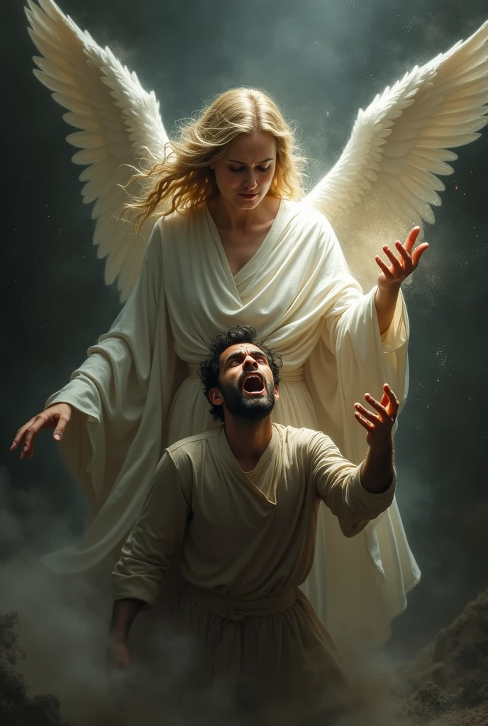 Angel removing evil spirit from man 