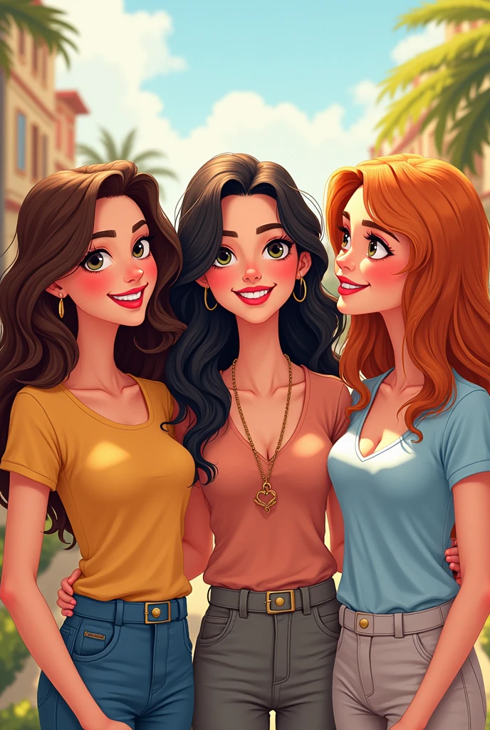 Cartoon of 3 white women, one with wavy brown hair, another dark wavy hair , the other with straight, copper blonde hair