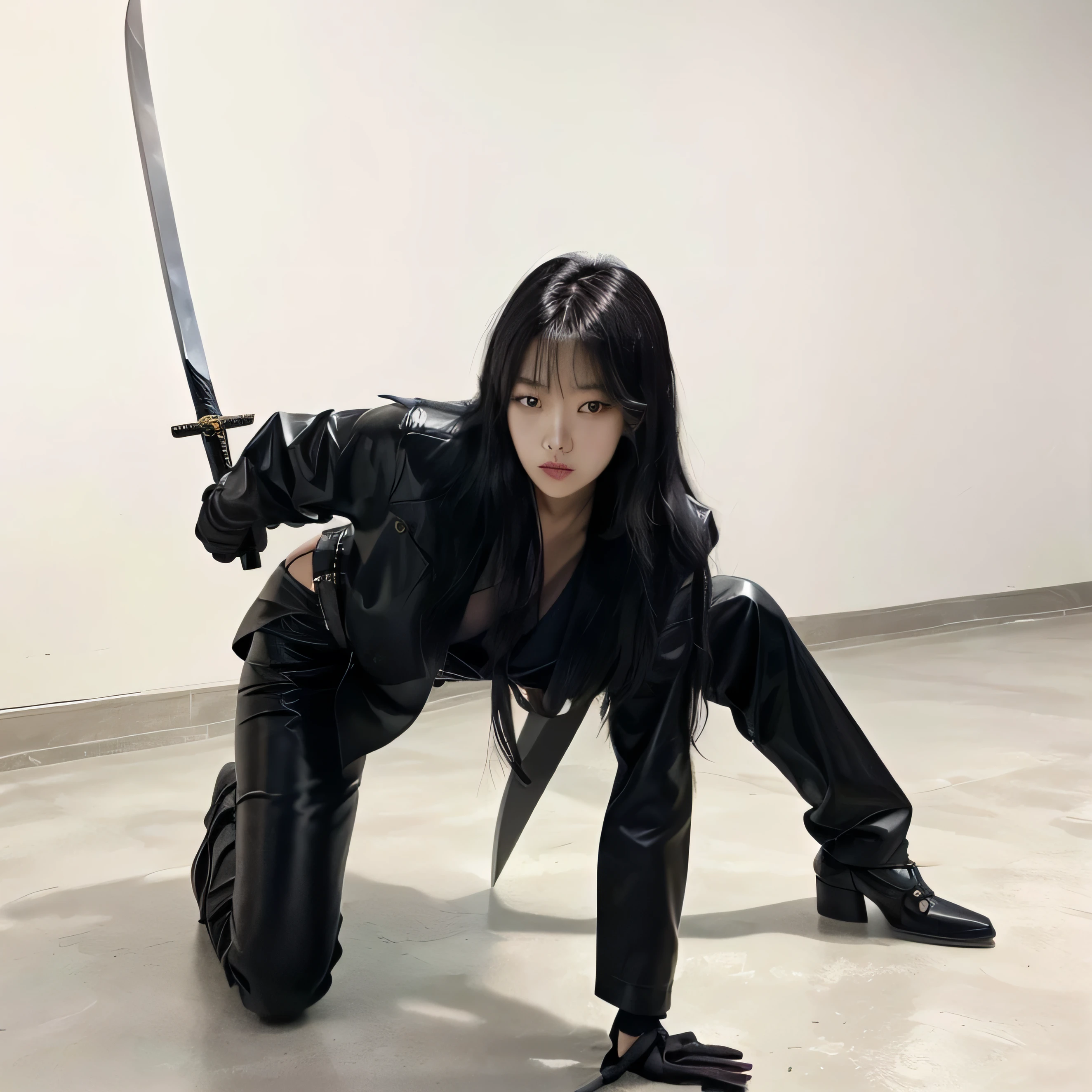 Close-up of a woman in a black leather outfit kneeling on the ground with a sword in her hand, iu lee ji-eun as supervillain, cruel korean gothic girl, posing with a sword, with big sword, she is holding a katana sword, Unveiling your katana, long sword in his hand, dramatic katana wielding pose, Park Shin Hye as a super villain, her arm is back with the katana on her back and hand.