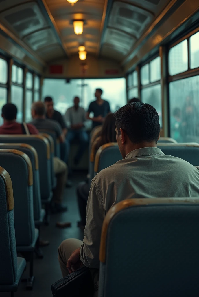 A white man with straight black hair sitting on a tired bus arriving from work, while a group of black people are in the back of the bus with a speaker and making a lot of noise talking. Ultra realistic 4k image