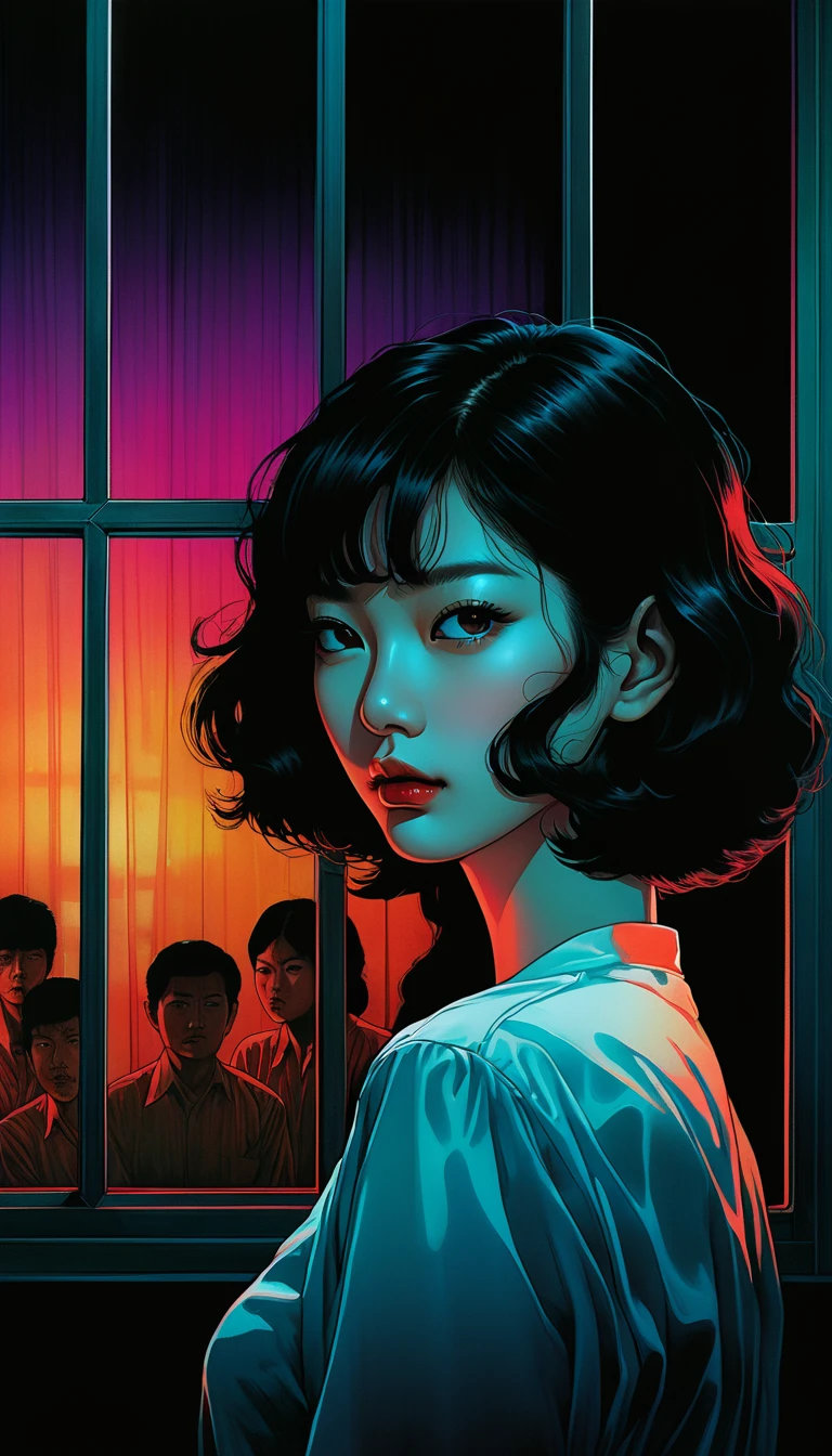 An illustration、art、80s Thai horror movie poster, Supervised by Junji Ito、(Beauty:1.2)、Window Glass、night、Attention to detail, Realistic Shadows、Analog Style, chromatic aberration, Surrealism、Complementary Gradient