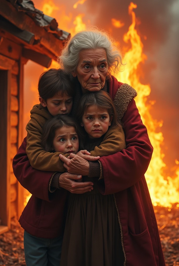 A grandmother protecting her children from a house fire.