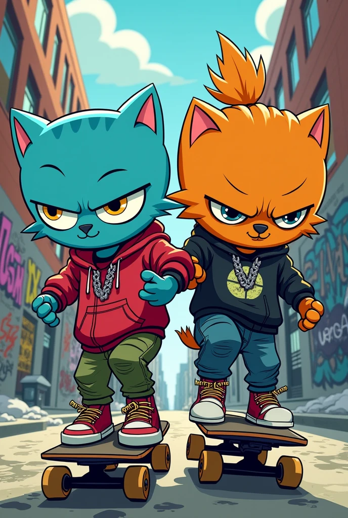 Personagens gumball watterson e darwin watterson (da serie animada: o incrivel mundo de gumball) vestindo roupas de skatista no estilo gangster estilo de arte: anime