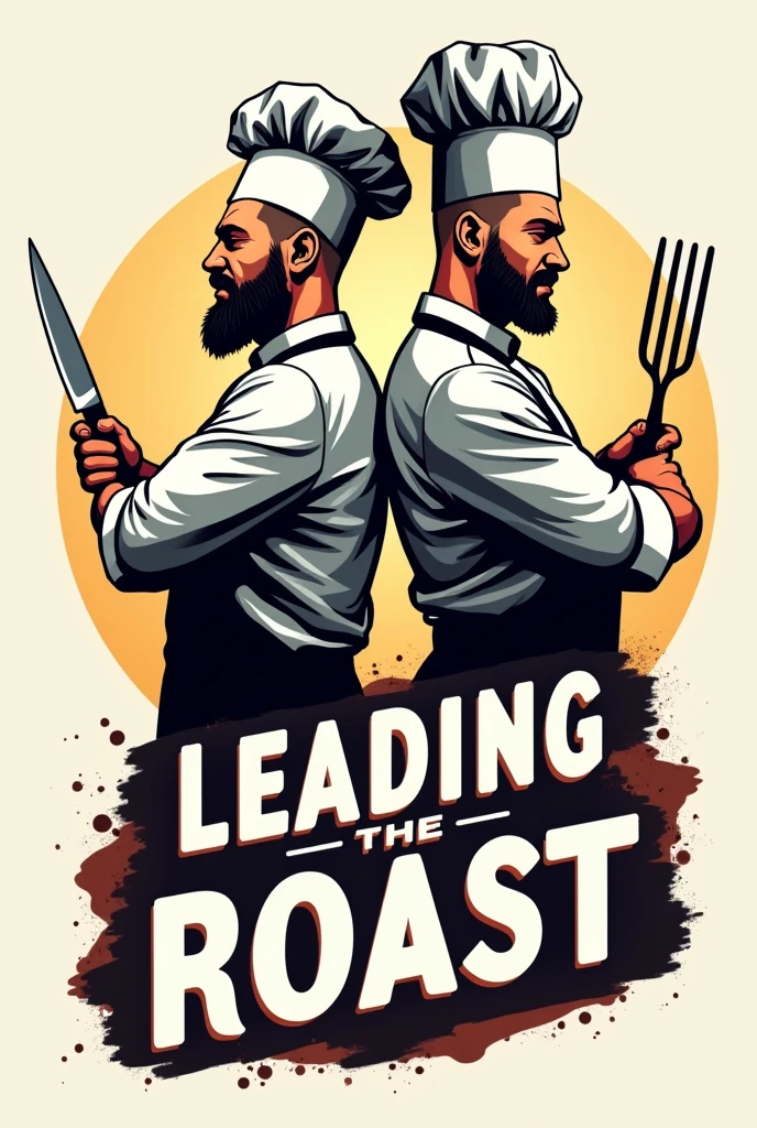a logo, writing "leading the roast", with the image of two chefs, with their backs against each other, one with a beard and the other bald, the bald one a little taller, one with a knife in hand and the other with a barbecue fork, The bald man doesn't have a beard and the other one has a shorter beard.