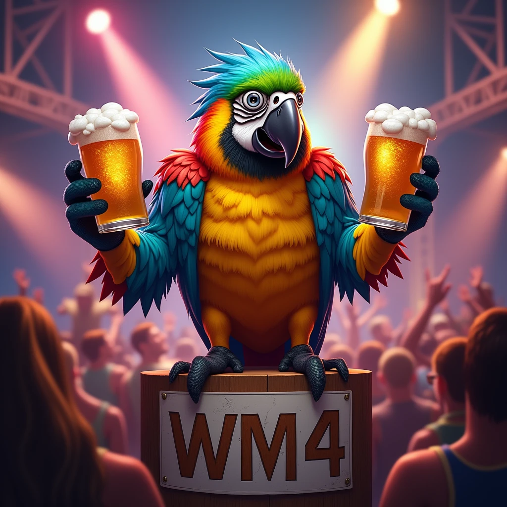 A drunk humanoid shaped Brazilian macaw with 2 glasses of beer in its two hands on top of a large and visibly written podium "WM4" in a setting with several people partying