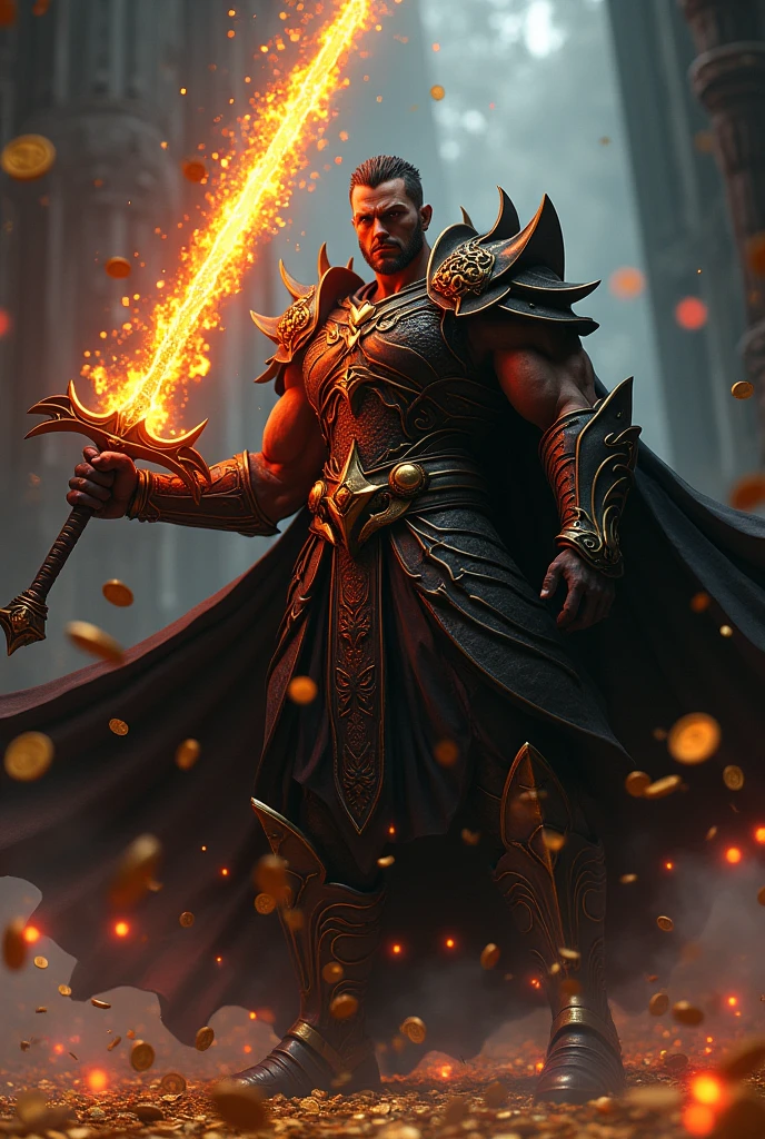 3D anime character from Berserk with a flaming black sword and gold coins around it