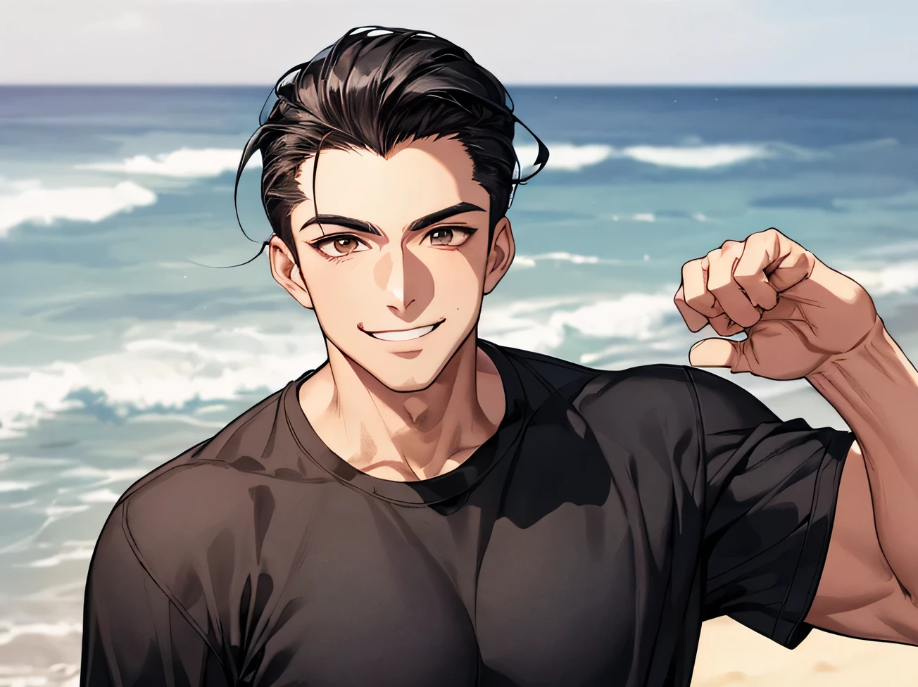  stall,Working Adults.,male,good looking,Cool vibe,I,Black-haired,Raking up,hair slicked back,,Viewer Perspective,Upper Body,Face close-up,Excited,Slim and muscular,smile,Stylish clothes,A tight black T-shirt,Background sea,Beach,(stall),stall