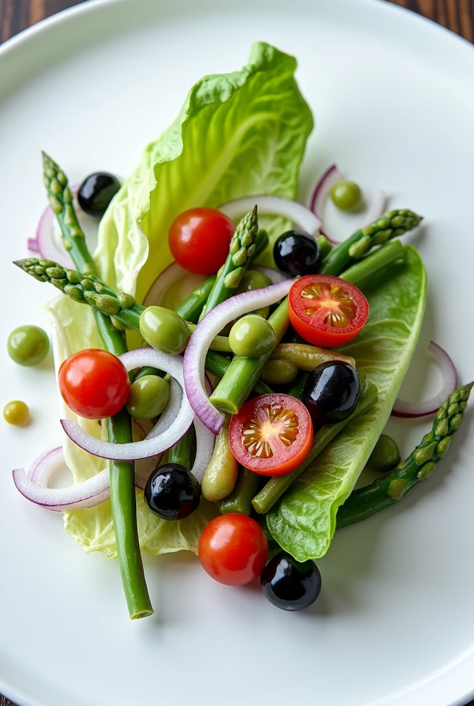 Minimalist, elegant gourmet plating idea for a salad with white onion.. romaine lettuce, purple Onion, fresh asparagus, baby green beans, pearl tomato and pitted black and green olives