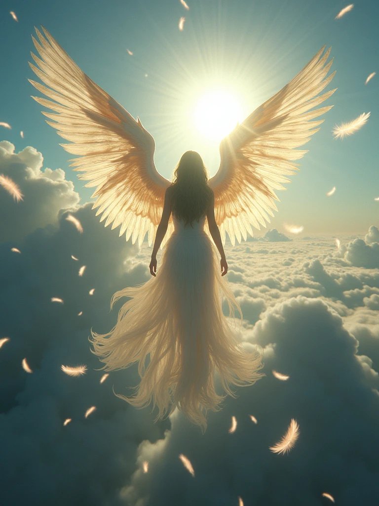 Half transparent wings glowing in darkness, feathers released above the clouds, floating feathers scattered underground, witnessing her wings illuminated by the glaring light of the sun, shedding feathers as they inevitably descend.