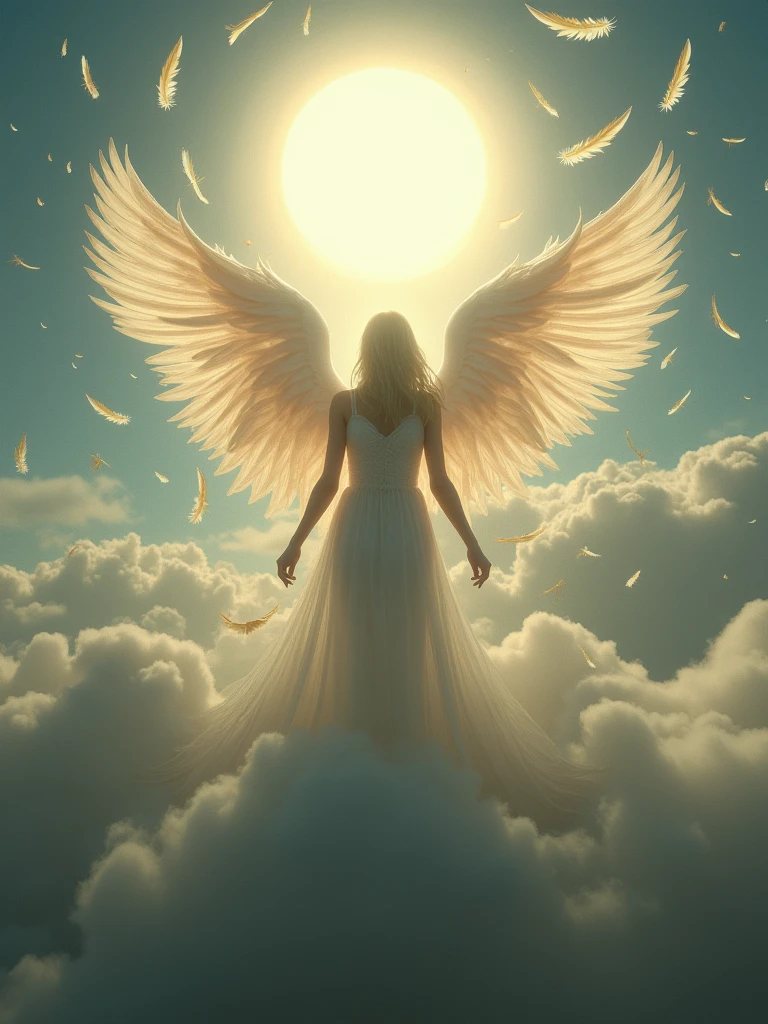Half transparent wings glowing in darkness, feathers released above the clouds, floating feathers scattered underground, witnessing her wings illuminated by the glaring light of the sun, shedding feathers as they inevitably descend.