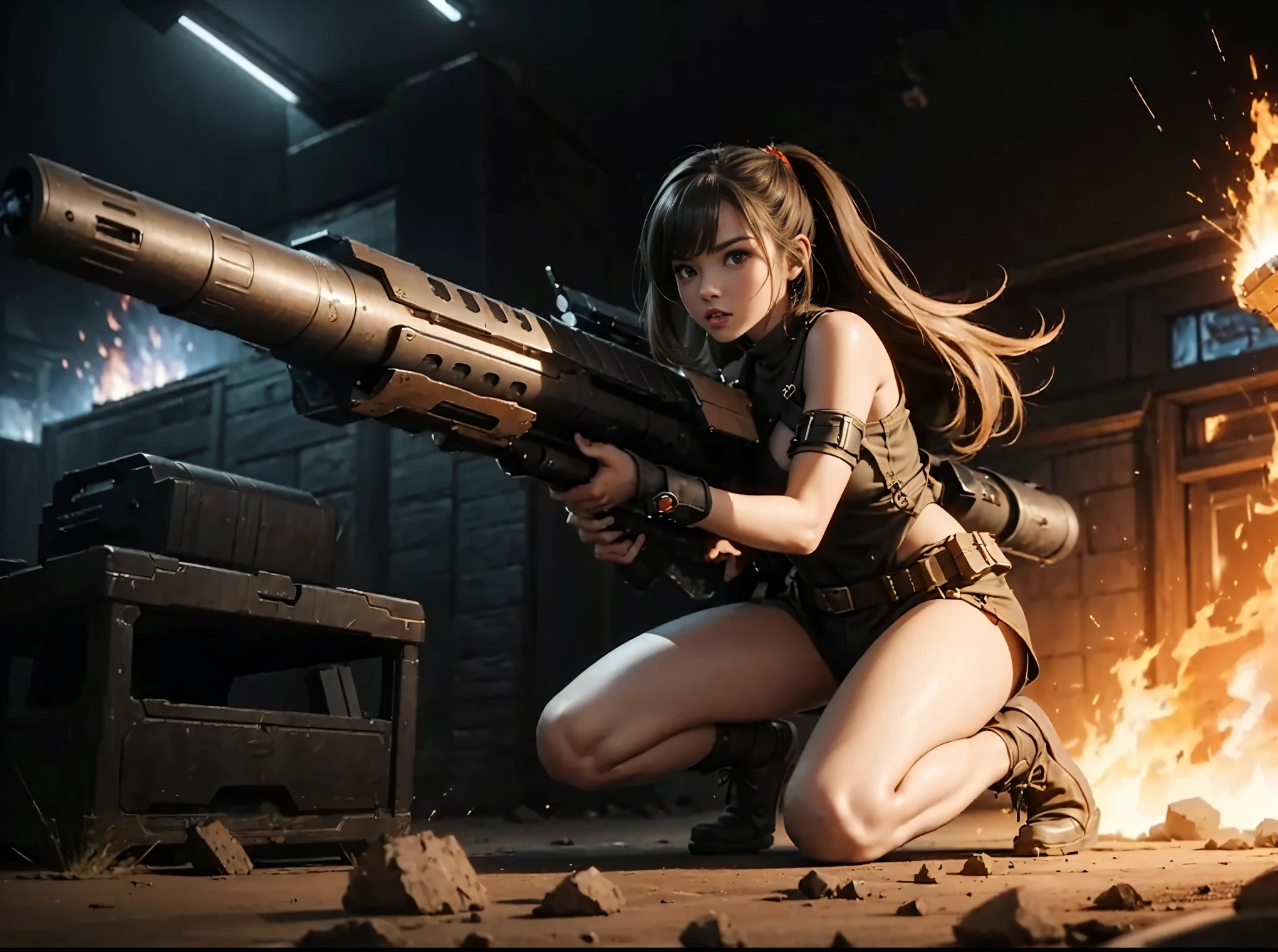 (((Giant (((Weapon)))))), and small sexy gal in future, large beem, bomb, show off detailed (((Big gun))) on shoulder, ((attack for viewer)), ready for action, depth, light, (((fire))), spark,