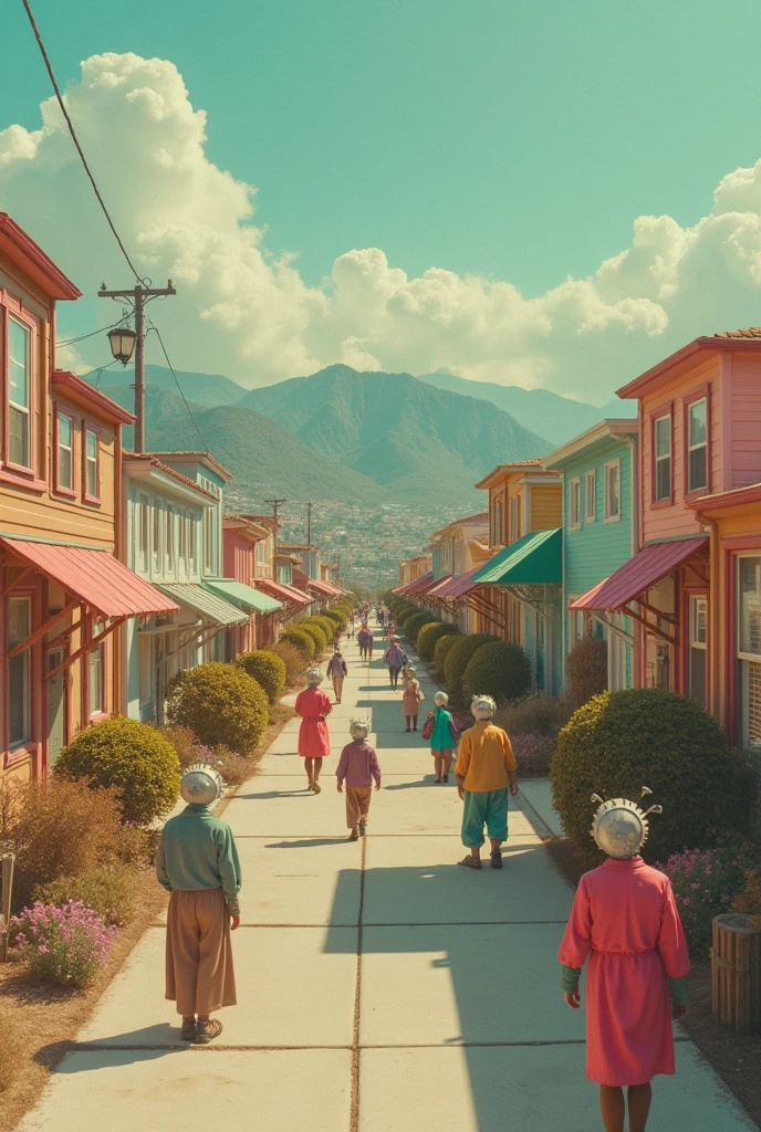 a town with people with gear head, 1960s neighborhood, pastel colors, surreal atmosphere, dreamcore, raw photo, film grain, aerial shot, shot using 1960s camera
