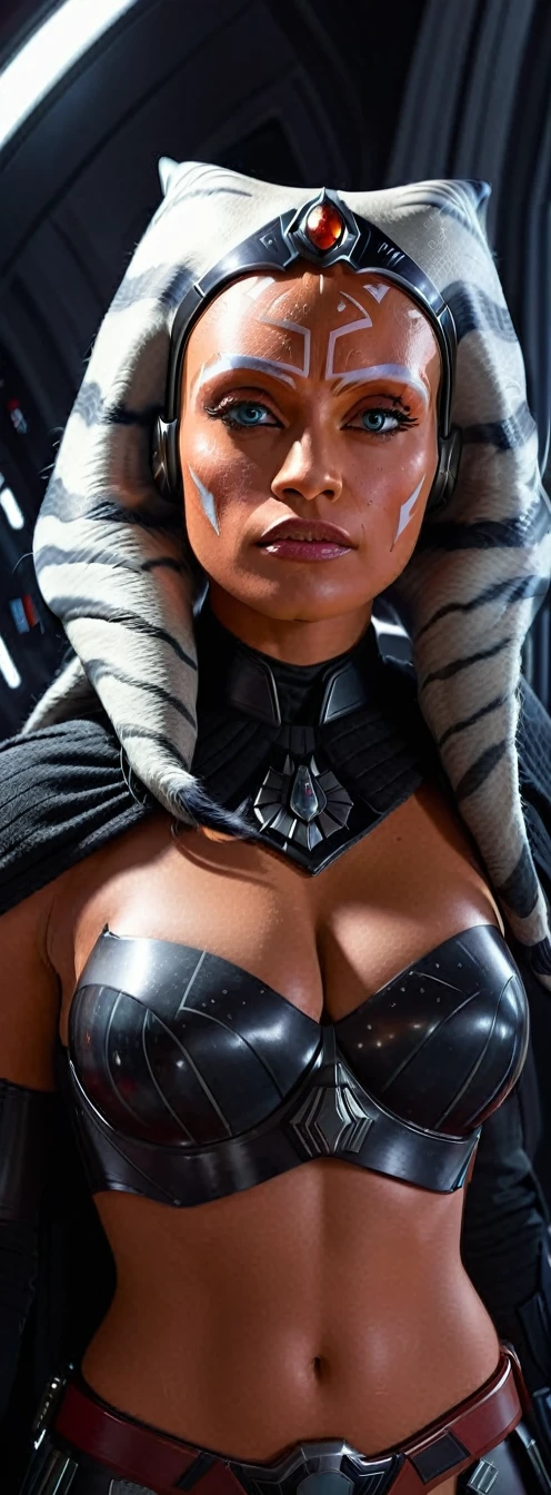 full body a cinematic star wars scene darth vader but as ahsoka tano charakter natural breasts, , intricate detailed face, beautiful detailed eyes, beautiful detailed lips, extremely detailed face and eyes, long eyelashes, red glowing light sabber, detailed portrait, photorealistic, inside a space vessel , full body , dramatic lighting, intricate armor and details, dynamic attack fithing pose, full body , cinematic composition, hyper-realistic, moody color palette, dramatic lighting and shadows, intricate details, masterpiece
