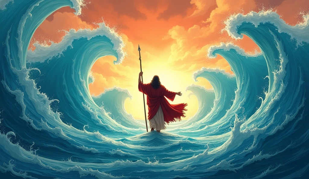 imageio: Uma ilustração da travessia do Mar Vermelho com moisés erguendo o Elegant, in an artistic style.
Main Elements: moisés, Elegant, Waters.
Background: dramatic sky.
colors: cerulean, offwhite, orange.
Visual Style: Artistic and Expressive.
Composition: moisés centralizado, Waters se dividindo ao redor.
Emotions: Heroism and Emotion.