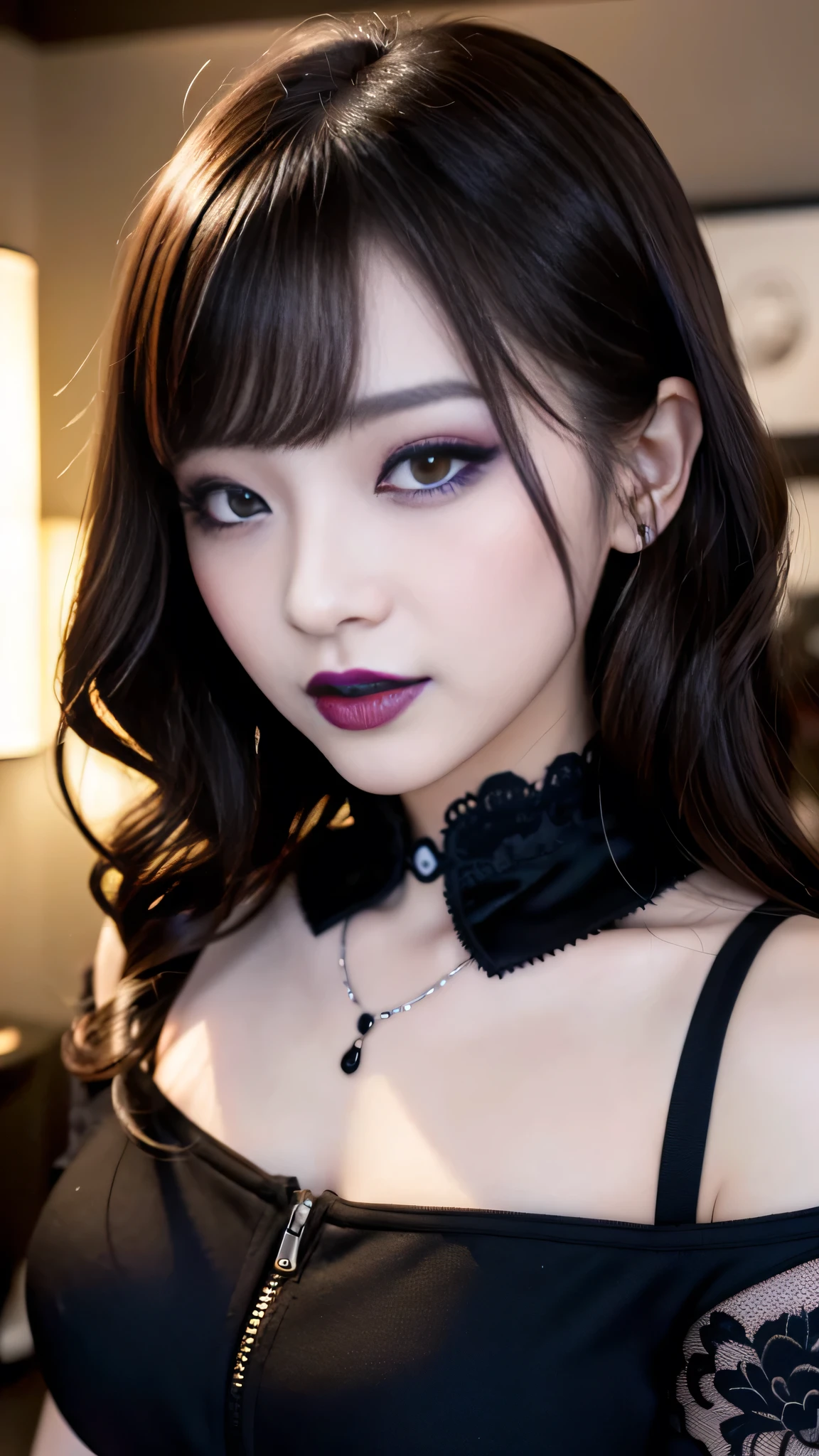 best quality、ultra-detailed、8k、Japanese、Seductive beauty、seductive adult woman、Pretty Woman、cool girl、smirk、Wicked Smile、Villainess、brainwash makeup、brainwash、Fallen into evil、Evil look、evil、Brown hair、wavy hair、swept bangs、dark makeup、piercing eyes、hollow eyes,half-closed eyes、Hollow Eyes、purple Eyeshadow、black lipstick、black lipglos、Dark Makeup、Black Cheongsam、night、inside darkroom、Kiss、I have lipstick、Are standing、Offer、