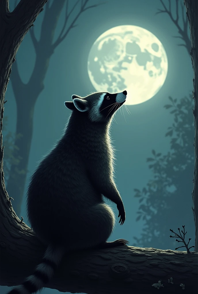 raccoon sitting with its back to the viewer, looking at the moon