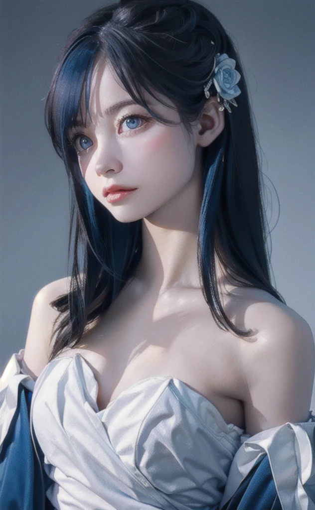 (masterpiece:1.4, Highest quality), (Intricate details), unity 8k wallpaper, Super detailed, beautifully、aesthetic, Perfect lighting, (One person), (Blue Hair, blue eye, Medium chest),, Dynamic pose, Dynamic Angle,  lipstick, slim, slim body, Medium chest, , Detailed Background, Realistic, alone, Face in perfect detail, detailed eye, Very detailed, blush, hair ornaments, rolling_eye, squint,