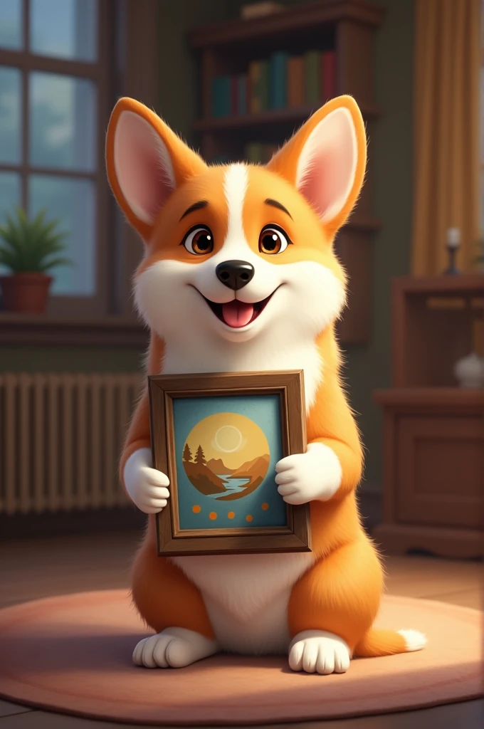 Sitting corgi holding a picture