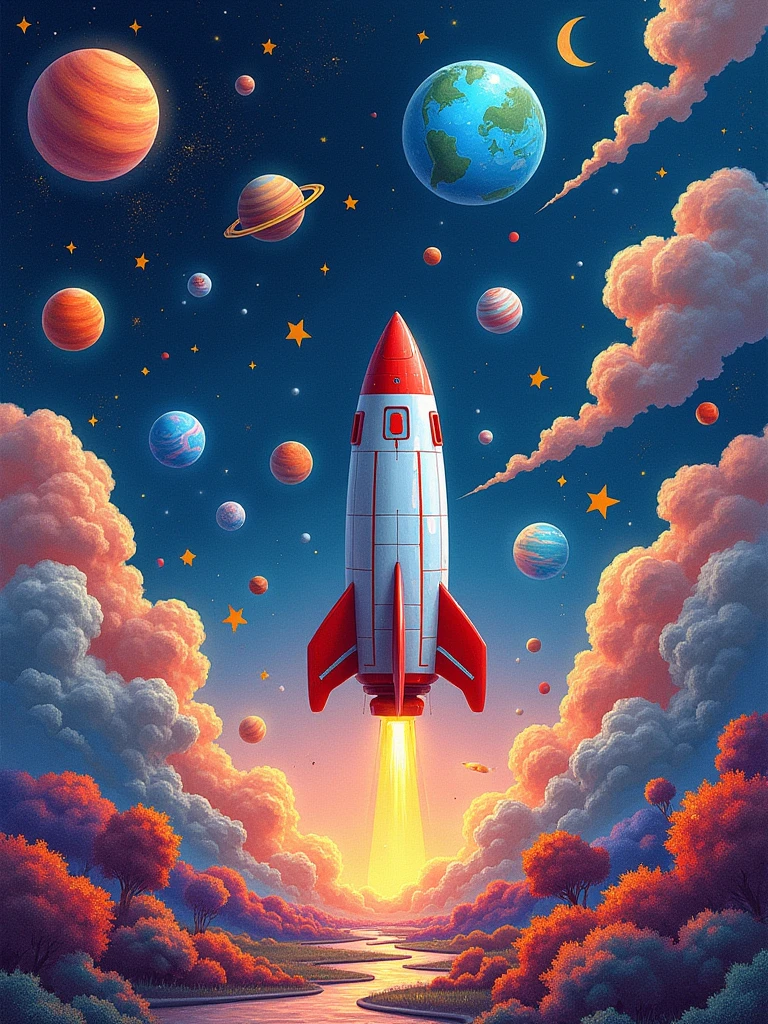 a background with several drawings related to space, with rockets, planets, stars. image in colored pencil style.