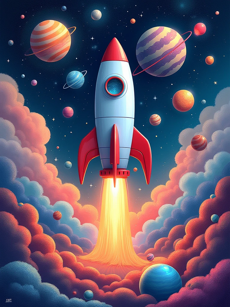 a background with several drawings related to space, with rockets, planets, stars. image in colored pencil style.